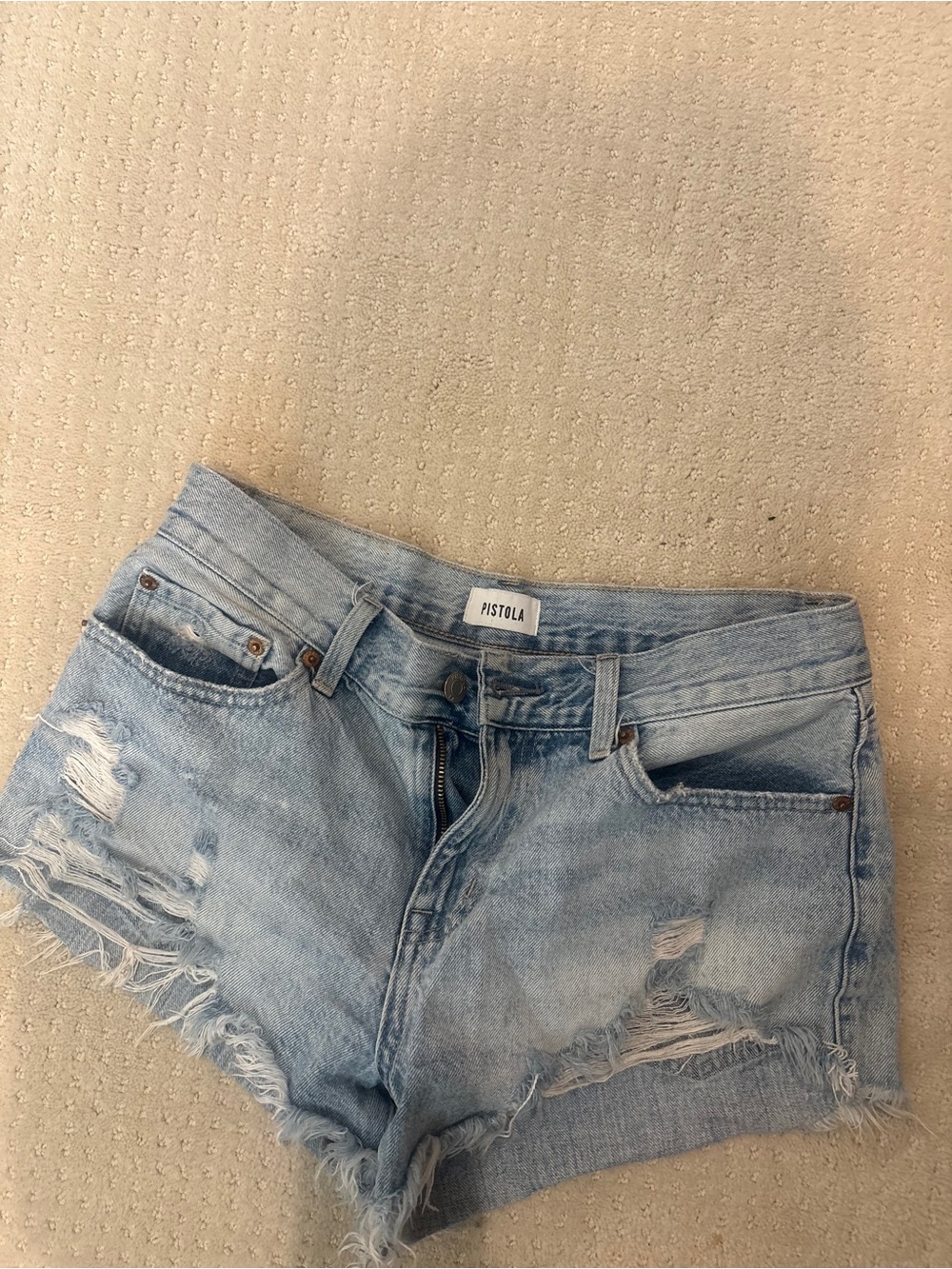 pistola light blue distressed denim shorts